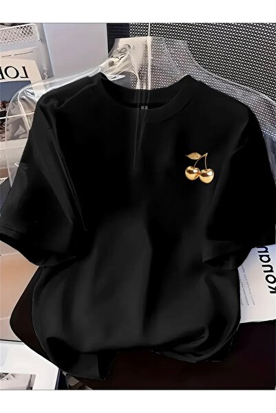 FUFLUNS تي شيرت كبير الحجم بياقة دائرية مطبوع عليه كرز ذهبي