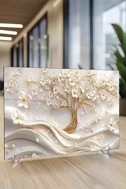 kutuTR Beyaz Çiçekli Hayat Ağacı Temalı Temperli Cam Tablo 50x70 Cm 2D UV Bas...