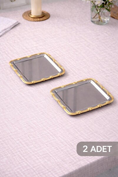 MGEStore 2'li Kahve Çay Sunum Tepsi Seti Dekoratif Sunum Tepsisi Şık Gold Gül...