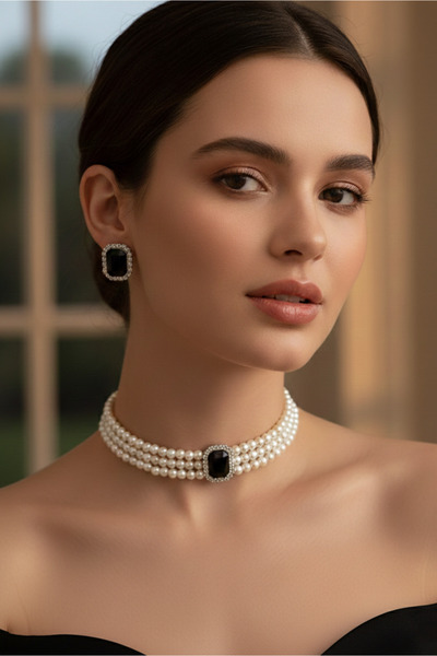 Happyline İncili Gümüş Kaplama Tasma Siyah Taşlı Choker Kolye Özel Tasarım Ko...