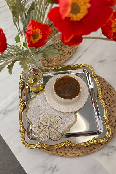 MGEStore Tekli Kahve Çay Sunum Tepsisi Dekoratif Sunum Tepsisi Şık Gold Gül Ç...