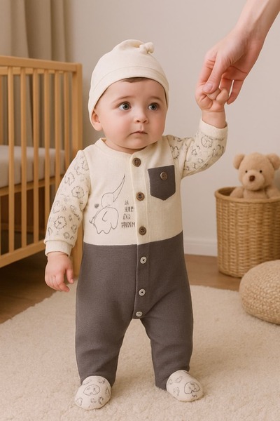 KapsülBebek 100% Organic Cotton Baby Romper with Booties - Hat