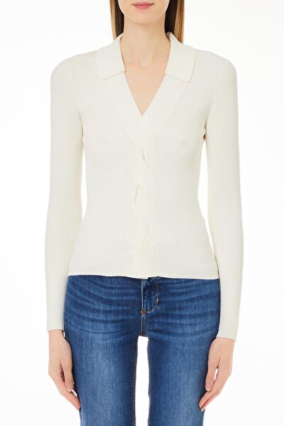 liu.jo Women's Slim Fit Long Sleeve V Neck White Sweater Wf4016Ms49I-10701