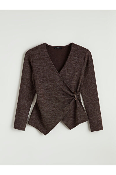 LC Waikiki PATENTH'DEN Kahverengi Kruvaze Yaka Büzgülü Bluz