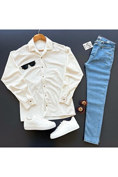 giyimadam16 Crepe Fabric Striped Shirt Jeans Pantalon Set 2 Piece Set