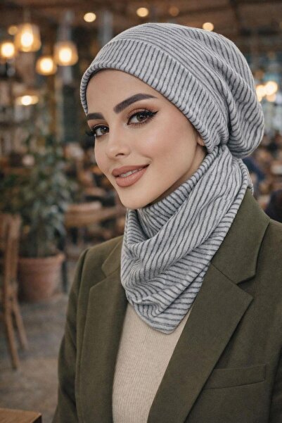 Aişe tesettür طقم بونيه وقبعة إيتول بخطوط رمادية مع أزرار كبس