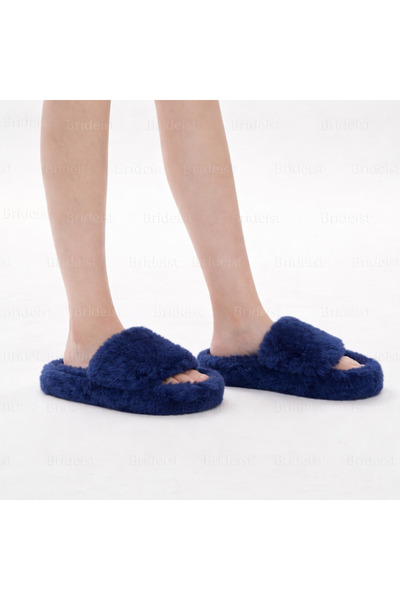 BRIDEIST WEDDING CO Navy Blue Furry Slippers | Navy Blue Feathered Bridal Sli...