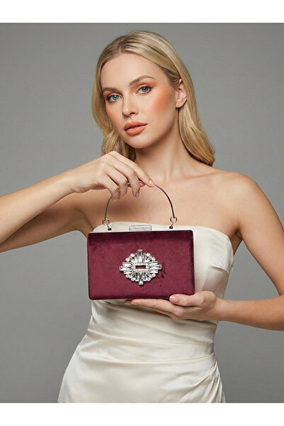 Biçanta Burgundy Luxury Suede Crystal Stone Metal Handle Chain Women's Evenin...