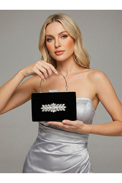 Biçanta Black Luxury Suede Crystal Stone Metal Handle Chain Women's Evening D...