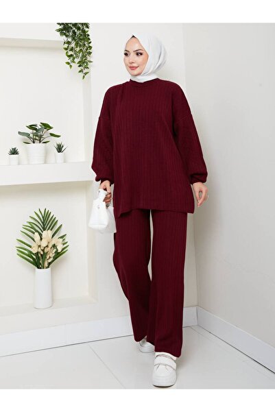 MODA Çizgi Desenli Pantolonlu Triko Takım