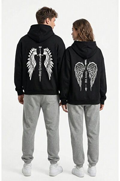 NEVERMIND Unisex His Angel & Her Guardian Printed Lover Combination Hoodie Set
