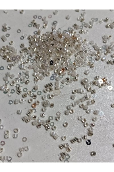Boncuks 200Gr Silver & White Mix Glass Beads 2mm with Sequins and Flakes Accessories V8