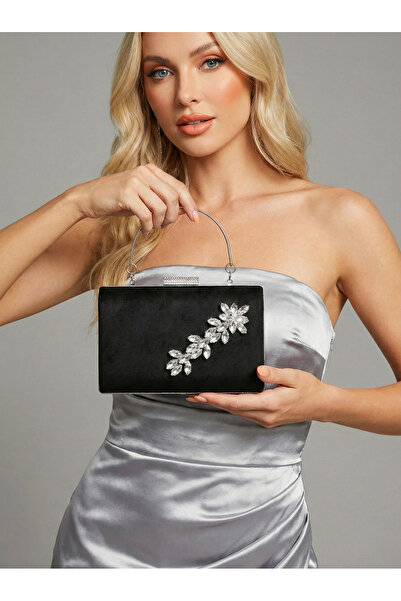 Biçanta Black Luxury Suede Crystal Stone Metal Handle Chain Women's Evening D...