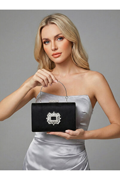 Biçanta Black Luxury Suede Crystal Stone Metal Handle Chain Women's Evening D...