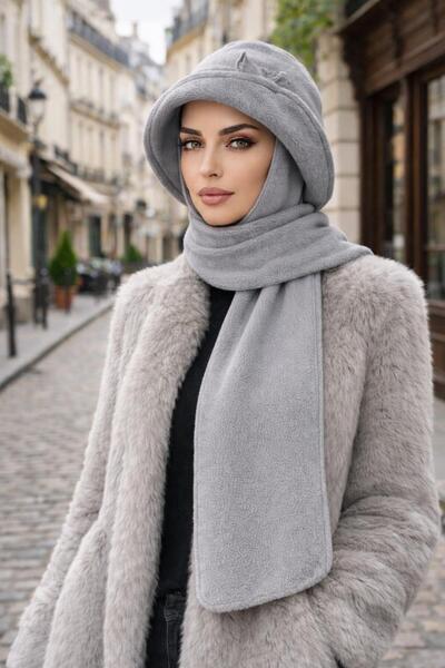 Aişe tesettür Gri Atkılı Vintage Şapka