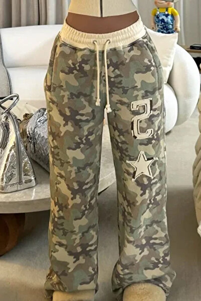 İlayda Toprak Rovax Bol Kalıp Beli Lastikli Kamuflaj Desenli Yeşil Nakışlı Ov...