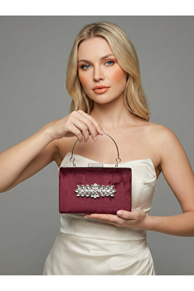 Biçanta Burgundy Luxury Suede Crystal Stone Metal Handle Chain Women's Evenin...