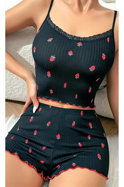 Nightlight Çilek Desenli Kadın Şortlu Pijama Takımı – Dantelli Askılı Crop & ...
