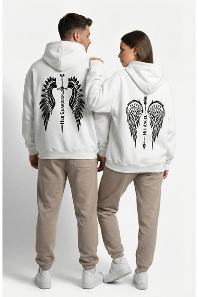 NEVERMIND Unisex His Angel & Her Guardian Printed Lover Combination Hoodie Set