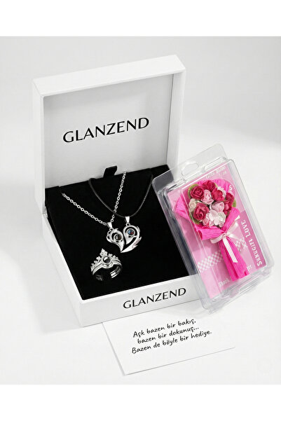 GLANZEND 100 Dilde Seni Seviyorum Kalp Çift Kolye Ve Yüzük Seti ( Çiçek Renk ...