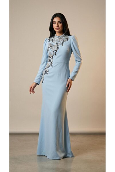 MİSS DİAMOND Elegant full-length baby blue hijab evening dress with crystal d...