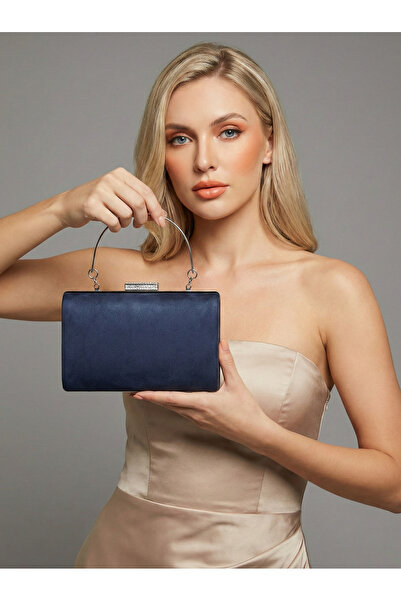 Biçanta Navy Blue Luxury Suede Crystal Stone Metal Handle Chain Women's Eveni...