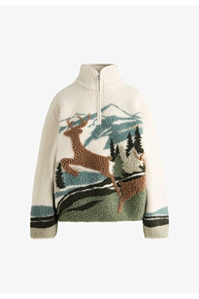 Lavanta Tekstil Plush Winter Patterned Zippered Fleece Sweater
