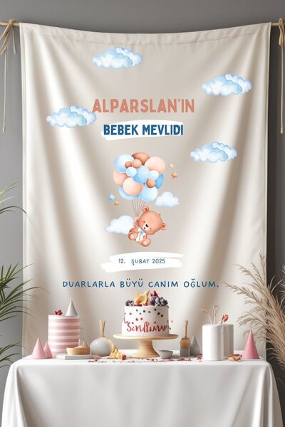 Puppetzzz Kişiye Özel Büyük Ebat Birinci Kalite Kumaş Bebek Mevlidi Duvar Ört...