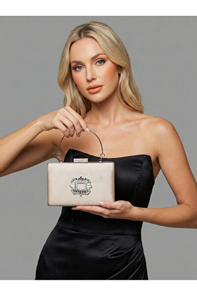 Biçanta Beige Color Luxury Suede Crystal Stone Metal Handle Chain Women Eveni...
