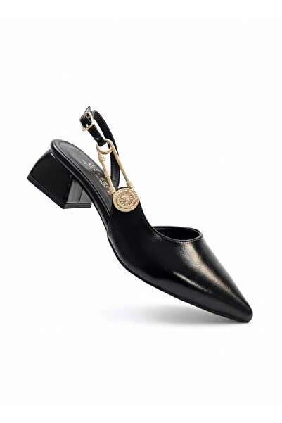 HVZ Exclusive Women's Black Pointed Toe Safety Pin Detailed Slingback Low Thi...