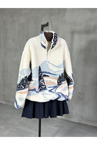 Lavanta Tekstil Plush Winter Patterned Zippered Fleece Sweater