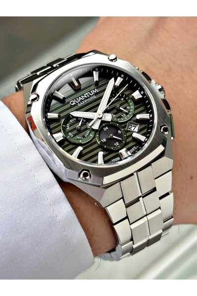 Quantum Functional Silver-Green Color Sapphire Glass Steel Band Steel Case Me...