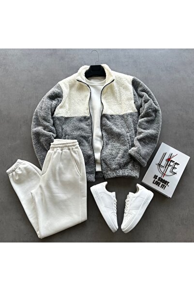 tetramoda Men's Patchwork Plush Jacket & Three Thread Sweatpants Combination