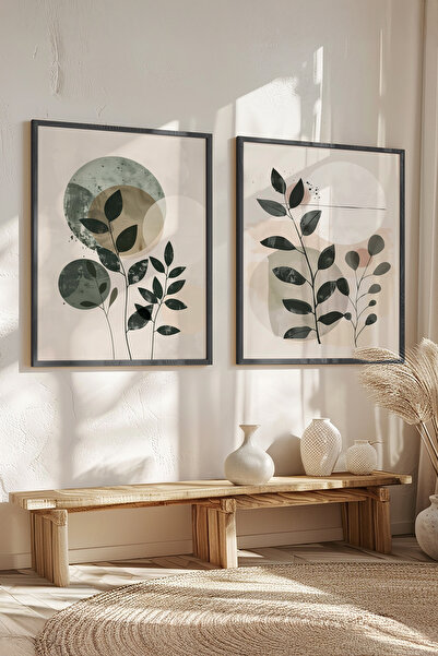 STARYUNA Set de pictură dublă cu frunze minimaliste și forme circulare cu cad...