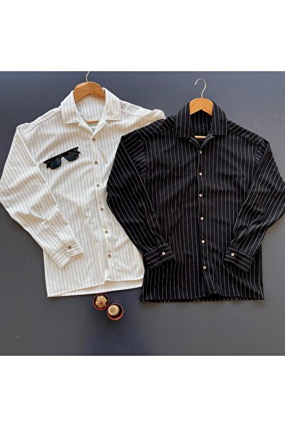 giyimadam16 Crepe Fabric Striped 2-Piece Shirt Black&White