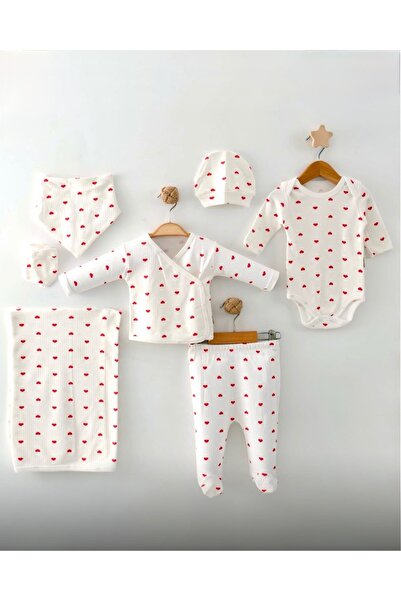 BEREN %100 Pamuk Kalp Desenli 7'li Yenidoğan Kız Bebek Hastane Çıkışı - Yumuş...
