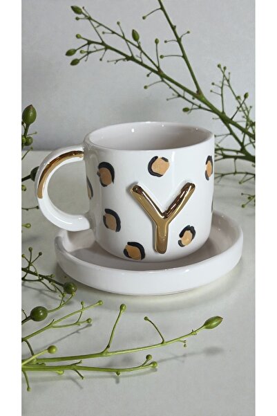 Deniz Kızı Seramik Letter Y Leopard Handmade Ceramic Cup