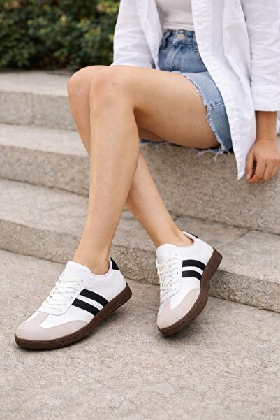 PARZEN Unisex Beyaz Siyah Termo Taban Yanı Şeritli Bağcıklı Spor AyakkabI