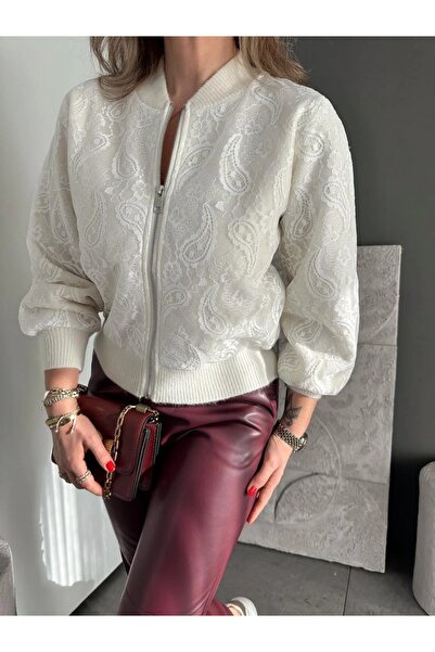 Lavanta Tekstil Guipure Detailed Design Knitwear Cardigan