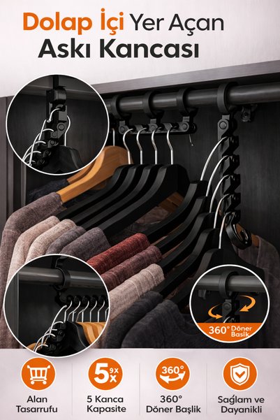 edoy Dolap İçi Yer Açan Askı Kancası | 5 Askı Kapasiteli | 360° Döner Başlık | Sağlam & Pratik