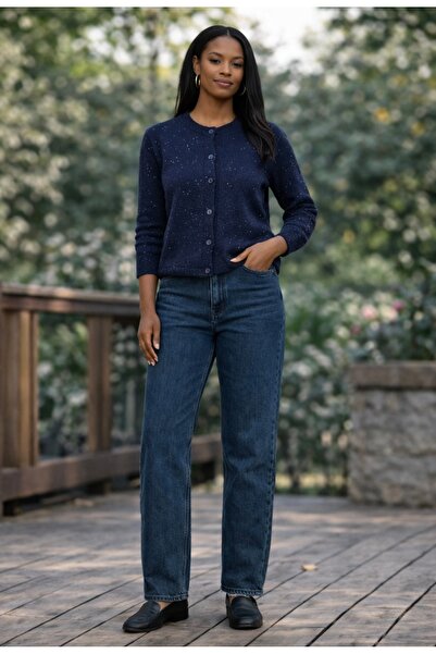 Butik Emsabutik Detailed Navy Blue Cardigan