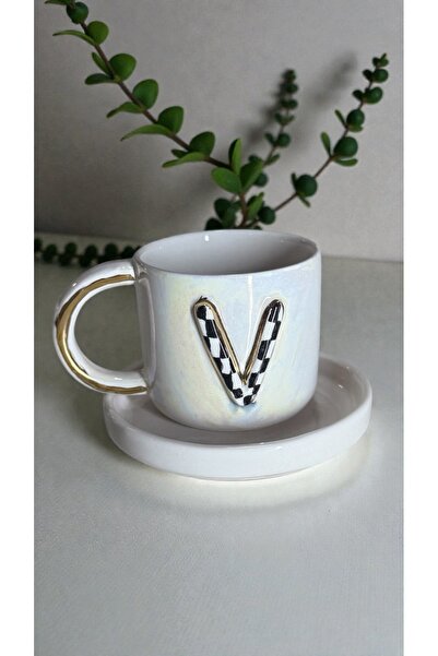 Deniz Kızı Seramik Letter V Handmade Ceramic Cup with a Stand