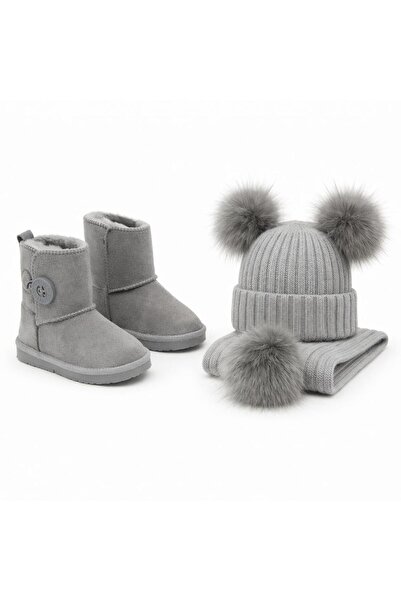 UESKİDS Gray Pompon Scarf Beanie and Fur-Lined Boots Suede Boots (Go up One S...