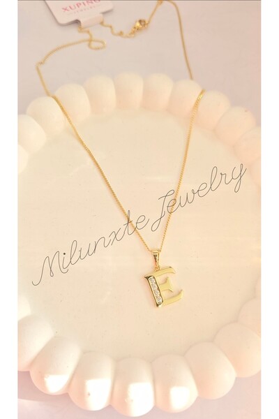 MİLUNXTE Xuping E Harfli Kadın Gold Renk Zirkon Taşlı Çelik Harf Kolye