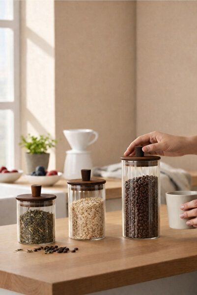 Paşabahçe 3'lü Akasya Kapaklı Cam Kavanoz Baharat Seti-Şeffaf Cam-Mutfak Erza...