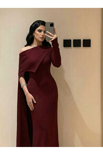 Zarkasha Burgundy one-shoulder evening dress | Flowing cape design and maxi l...