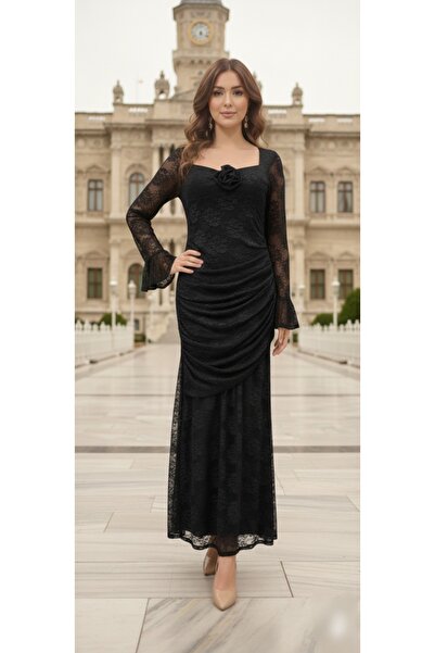 Lovely butik Lace Long Sleeve Evening Dress - Rose Detailed Draped Fish Model...