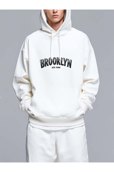 MIXSNOW كلمة بروكلين مع نص إضافي - سويت شيرت رجالي مطبوع بغطاء رأس ومقاس كبير