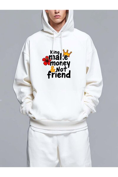 MIXSNOW الملك يصنع المال لا الصداقة - سويت شيرت رجالي مطبوع بغطاء رأس رأس وواسع
