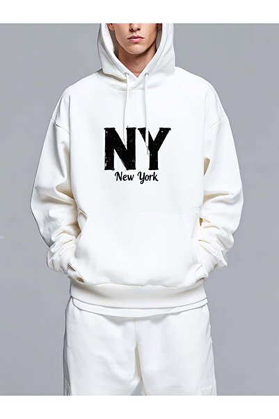 MIXSNOW NY logo with New York below - Men's Printed Hooded Oversize Sweatshirt